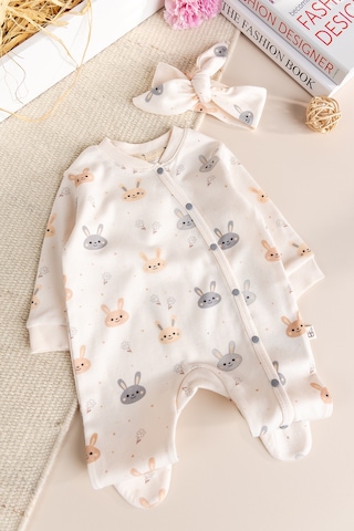 Baby Mod %100 Pamuklu Tavşan Desenli Bandanalı Kız Bebek Tulum Ekru
