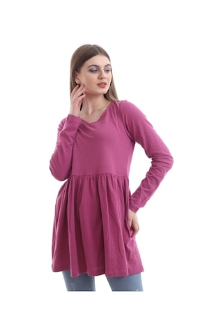 Self Clothing Kadın Pembe Rahat Kalıp V Yaka Bluz-Pembe