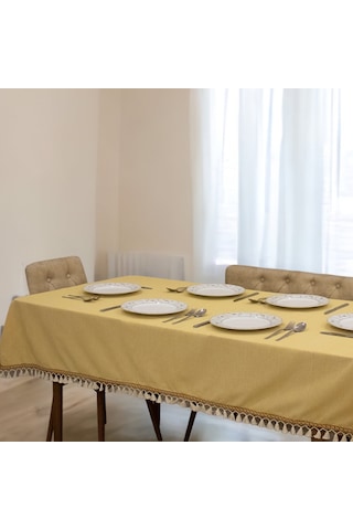 Dnc Home Tekstil Sarı Pamuk Keten Kahverengi Şerit Ponponlu Masa Örtüsü