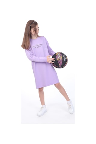 Toontoy Kız Çocuk Baskılı Relax Fit Bisiklet Yaka Uzun Kollu Elbise - Lila