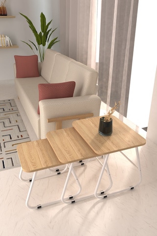 Vilinze Zigana Çok Amaçlı Beyaz Metal Ayak 3'lü Naturel Mdf Zigon Sehpa Beyaz-naturel