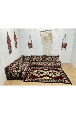 Coton Şark Köşesi Bordo Yörük Desen Minder Takımı 14 Parça