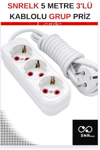 Snrelk 5 Metre 3'lü Cca Kablolu Düz Topraklı Fişli Grup Priz