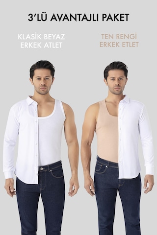 Görünmez Atlet Erkek Ten Rengi Hayalet Atlet 3'lü Paket %100 Pamuklu Penye Ten