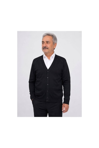 Neco Giyim Erkek Mevsimlik V Yaka Cepli Düğmeli Yünlü Düz Triko Baba Hırka Siyah Siyah