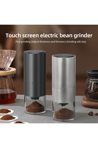 Createtech Taşınabilir Elektrikli Burr Kahve Öğütücü Type-c Şarj Paslanmaz Çelik Çekirdek Kablosuz Led Dokunmatik Ekran Otomatik Gümüş Gümüş