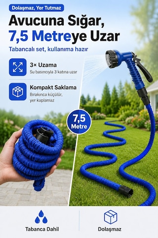 Uzayan Bahçe Sulama Araç Yıkama Hortumu 7.5 Metre Tabancalı