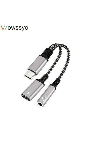 Wowssyo 2'si 1 Arada Type-c To 3.5mm+60w Hızlı Şarj Ve Kulaklık Çevirici Ce Lisanslı Hasır Örgülü Sağlam Beyaz - Siyah