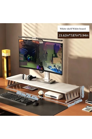 Motion003 Ergonomik Ahşap Monitör Standı Yükseltici Beyaz Stand Beyaz Tahta 60 Cm Büyük Çift Ekran Masa Rafı Ofis Ev Çalışma Alanı