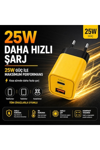 25w Hızlı Şarj Adaptörü Type-c + Usb Çift Girişli Akıllı Şarj Başlığı Kompakt Tasarım