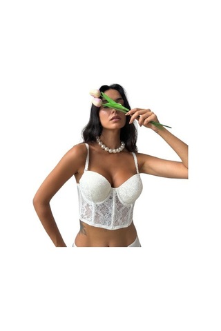 Onsekiz18shop Destekli Taşlı Tül Beyaz Parıltılı Çiçekli Beyaz Büstiyer Takım