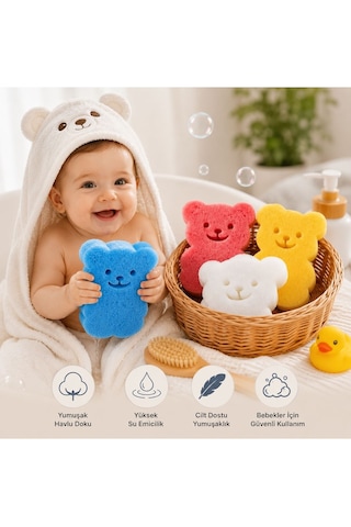 Bebek Ayıcık Figürlü Bebek Banyo Süngeri 4'lü Renkli Yumuşak Banyo Lifi