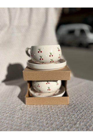 Seramik El Yapımı Fincan Takımı 2'li Set Kiraz Desenli Beyaz - Kırmızı