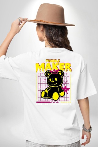 Baş Belası Teddy Beyaz Oversize Unisex Ön Ve Sırt Baskılı Tişört Beyaz