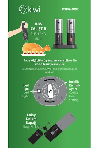 Kiwi Kspg-4852 Şarjlı Paslanmaz Çelik Tuz Karabiber Değirmeni Otomatik Baharat Öğütücü 2li Paket Gri - Siyah