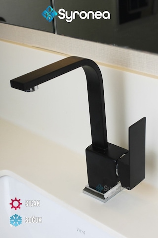 Siyah Kuğu Kare Banyo Lavabo Bataryası Sıcak Ve Soğuk Su Girişli Aç Kapa Musluk Siyah