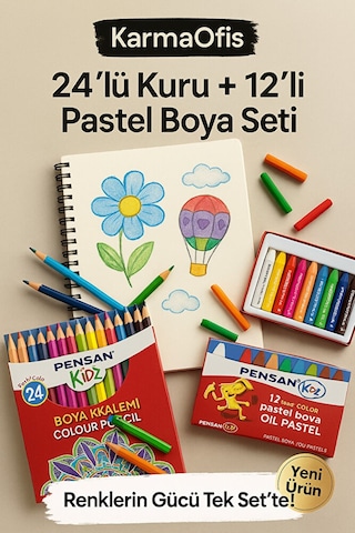 24 Lü Kuru Boya + 12 Li Pastel Boya Seti Canlı Renkler, Yumuşak
