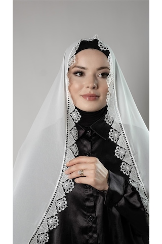 Hürrem Bone Krem Namaz Başörtüsü Şal Şifon Kumaş Güpürlü 202106 40