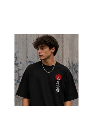 Qmen Style Unisex Siyah Oversize Baskılı T-shirt Japon %100 Pamuk