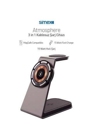 Simex 15w 3in1 Hızlı Manyetik Masaüstü Metal Magsafe Kablosuz Şarj Standı Telefon Tutucu Simex Atmosphere Siyah
