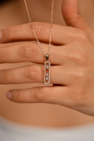 925 Ayar Gümüş Zirkon Taşlı Rose Işıltılı Özel Tasarım Modern Kolye Bileklik 2'li Takı Seti Rzs10084