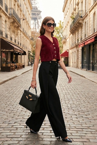 Lela Düğmeli Pile Detaylı Wide Leg Yüksek Bel Geniş Paça Bayan Pantolon 68351133 Siyah