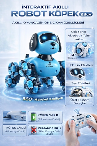 2.4 Ghz Uzaktan Kumandalı Sarjlı Dans Eden 8 Tekerli Akıllı Robotik Köpek Sesli Işıklı 23 Cm Mavi