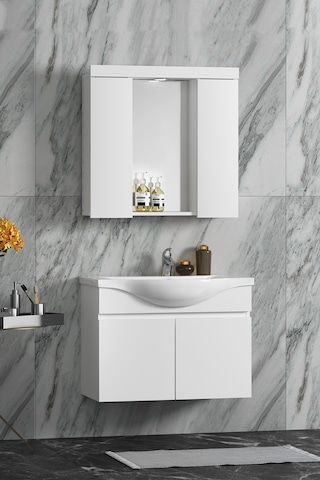 Yıldız Asma 75 Cm Beyaz Mdf Seramik Lavabolu Banyo Dolabı Takımı Beyaz
