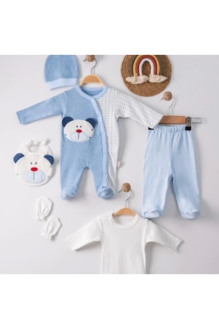 3 Ay Ayıcık Nakış Tulumlu Erkek Bebek 5'li Set Mavi Mavi