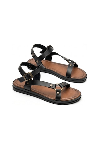 Giamgia Store Kadın Metal Halka Detaylı Çok Bantlı Rahat Düz Taban Günlük Siyah Sandalet Veyron11-2413