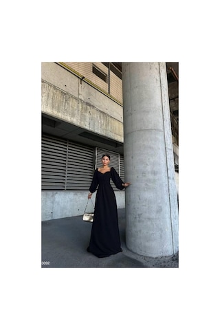 Lior Design Kadın Bohem Saten Kumaş Kare Yaka Maxi Abiye Elbise Siyah