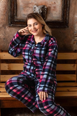 Sonbahar/kış Welsoft Polar Düğmeli Ekose Desenli Kadın Büyük Beden Pijama Takımı P200127-lacivert Lacivert