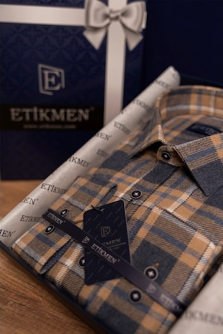 Hardal Lacivert Çizgili Slimfit Oduncu Gömlek Hardal