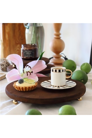 Akayev Ahşap 29 Cm Altın Boncuk Ayaklı Sunum Tabağı Beyaz