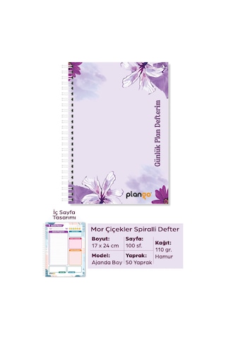 Mor Çiçekler Spiralli Günlük Planlama Defteri - 100 Sayfa - 17x24 Planlayıcı Defter Beyaz - Bej