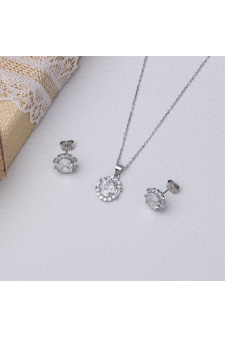 5-8 Mm Oval Zirkon Taşlı 925 Ayar Gümüş Kadın 2'li Set Gümüş