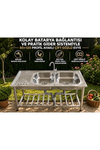 50x120 Seyyar Bahçe Evyesi Krom