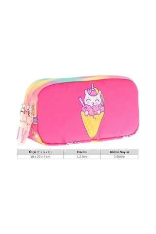 Kaukko Kids Üç Bölmeli Fuşya, Dondurma Ve Unicorn, Kız Çocuk Okul Kalemliği - L8227 Fuşya - Sarı