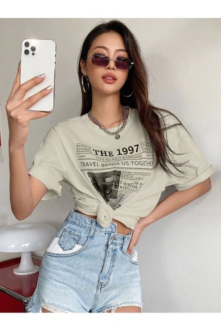 Flood Of Style Kadın Bej 1997 Baskılı Bisiklet Yaka Tshirt
