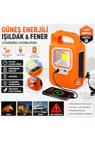 Işıldak Solar Fener Güneş Enerjili Ve Usb Şarj Lamba Kamp Güç Kaynağı Turuncu