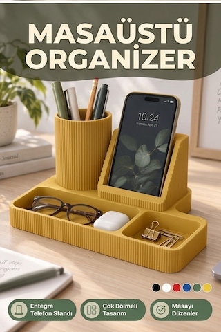 Masaüstü Organizer Telefon Standı Kalemlik Çok Amaçlı Masa Düzenleyici Sarı