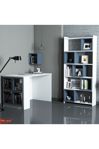 Variant Box Kitaplık Ve Çalışma Masası Takımı - Beyaz / Mavi Beyaz