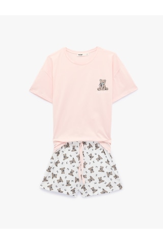 Koton Pamuklu Bisiklet Yaka Kısa Kollu Rahat Kesim Baskılı Pijama Takımı Pembe 6slk40174mk