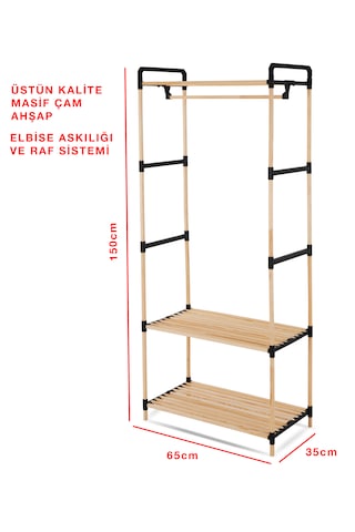 Ne02 Ahşap Gardrop Elbise Askısı Ve İkili Raf Sistemi Masif Çam Ahşap Ahşap