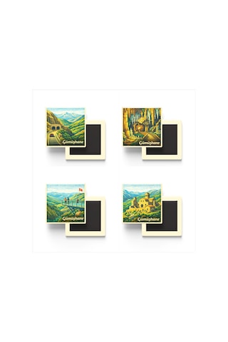Gümüşhane - 4'lü Memleket Seti - Baskılı Buzdolap Magneti Kare - 9x9 Cm - 4 Adet