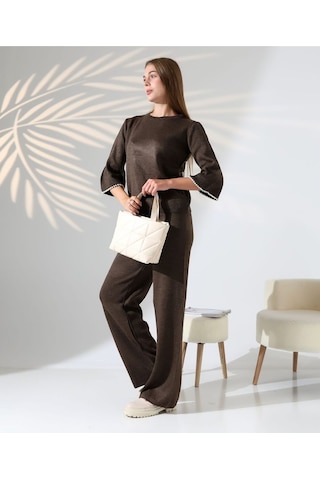 İnci Volanlı Kol Detaylı Triko Takım Kahverengi