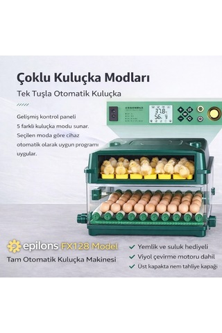 Fx128 Model Tam Otomatik Kuluçka Makinesi Çift Katlı, Çift Güç Sistemli, Su Hazneli Yeni Nesil İnkü
