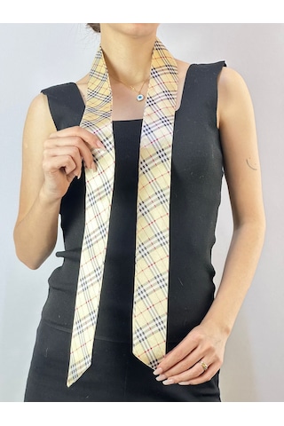 Gönülden Tasarım 144x5 Cm Saten Ekose Fular Boyun Bağı Çanta Aksesuarı Sarı