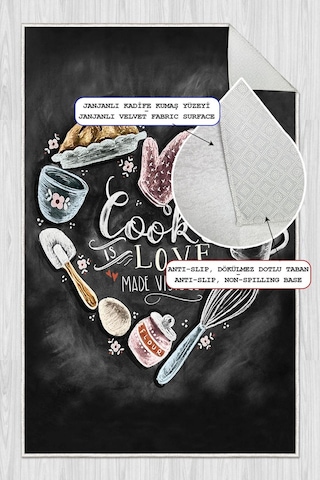Dijital Baskılı Dekoratif Kaymaz Taban Yıkanabilir Cooking Love Halı Mutfak Halısı Yolluk Salon Halısı