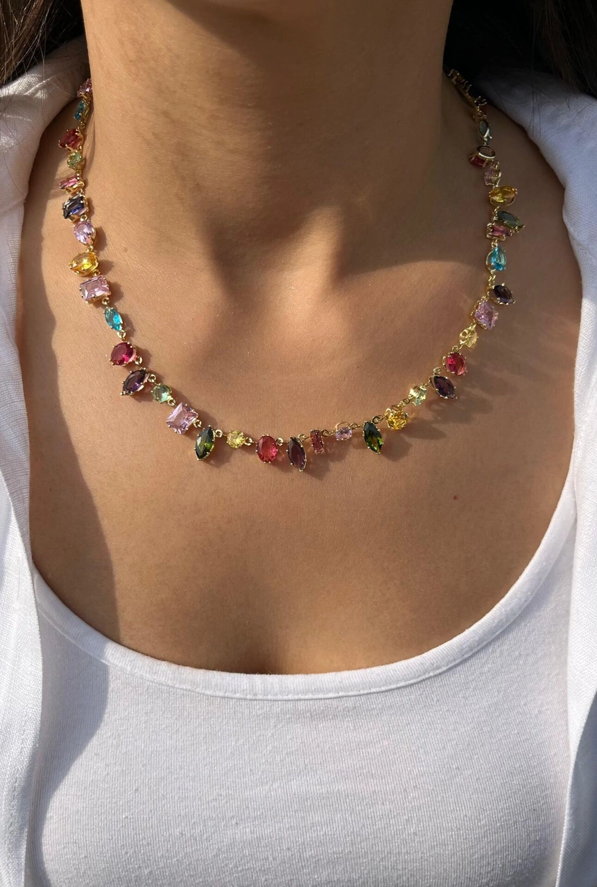 Zirkon Renkli Taşlı Gema Kolye Çok Renkli